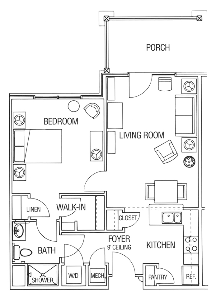 Brightmore of Wilimington NC Senior Apartment Deluxe One Bedroom Type 2 Floor Plan